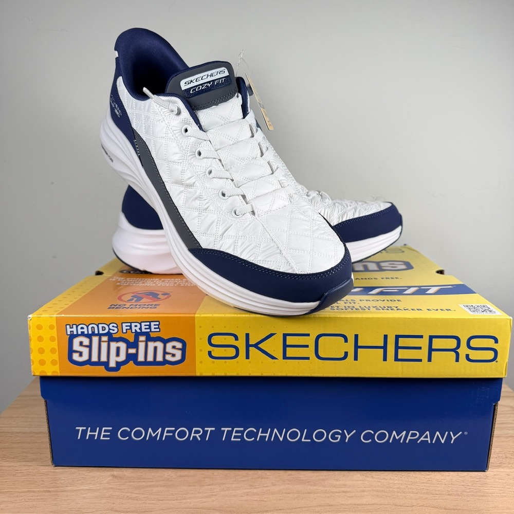 Skechers Men's Slip-ins Cozy Fit Sneakers Size 12 White Navy Hands Free 232619